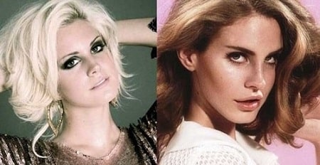 A before and after picture of Lana Del Rey showing the change in her lips.